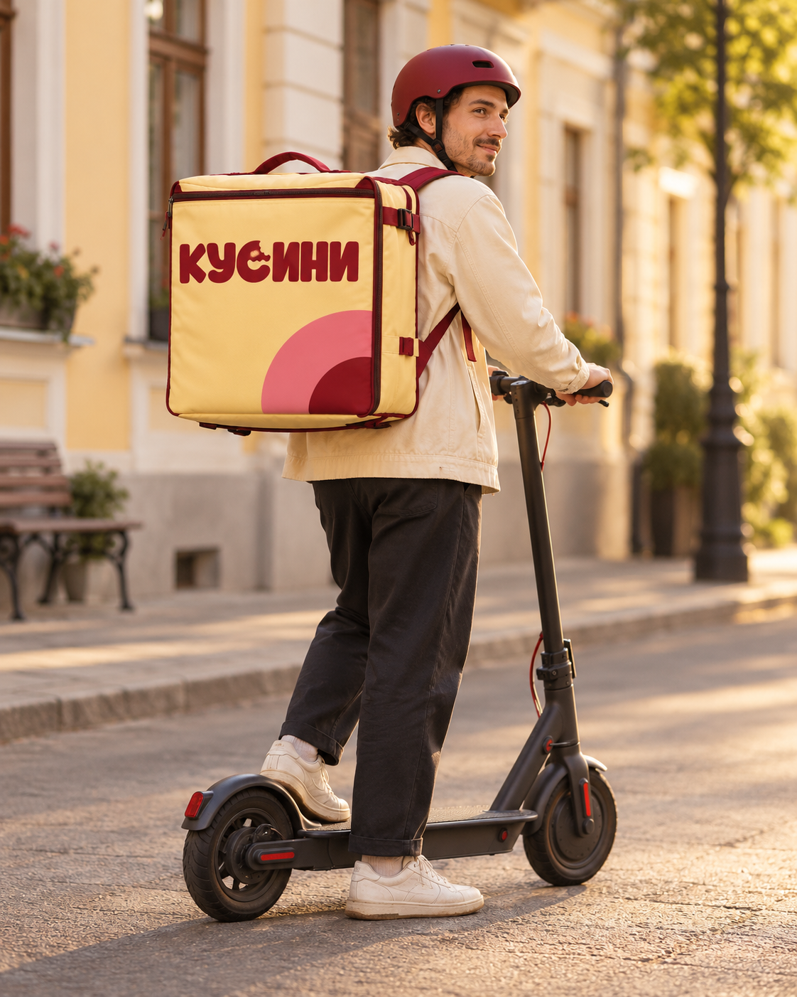 Иллюстрация сервиса: курьер на электросамокате с жёлтой термосумкой КУСИНИ